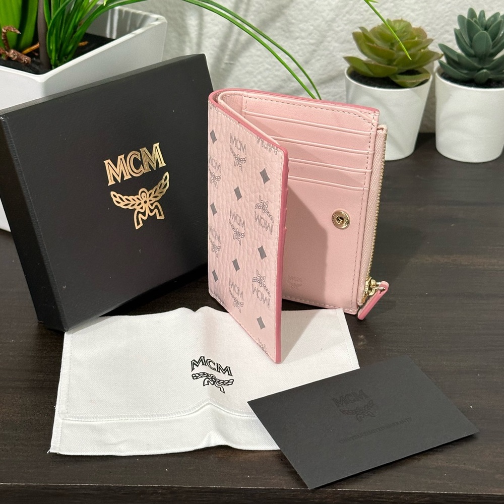 MCM Pink Visetos Leather Compact Wallet With Full Inclusion